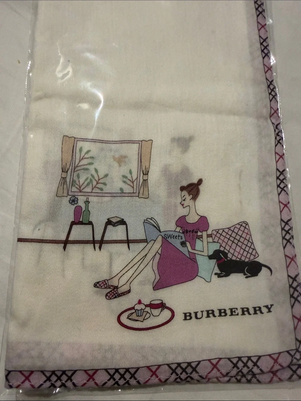 Burberry Cream Silk Scarf with Pink & Black Print - Picture 3 of 6